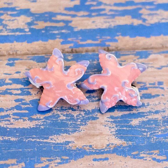 Vintage Pink Starfish Beach Party Summer Clip On Earrings by MJ - L29 - Picture 1 of 2